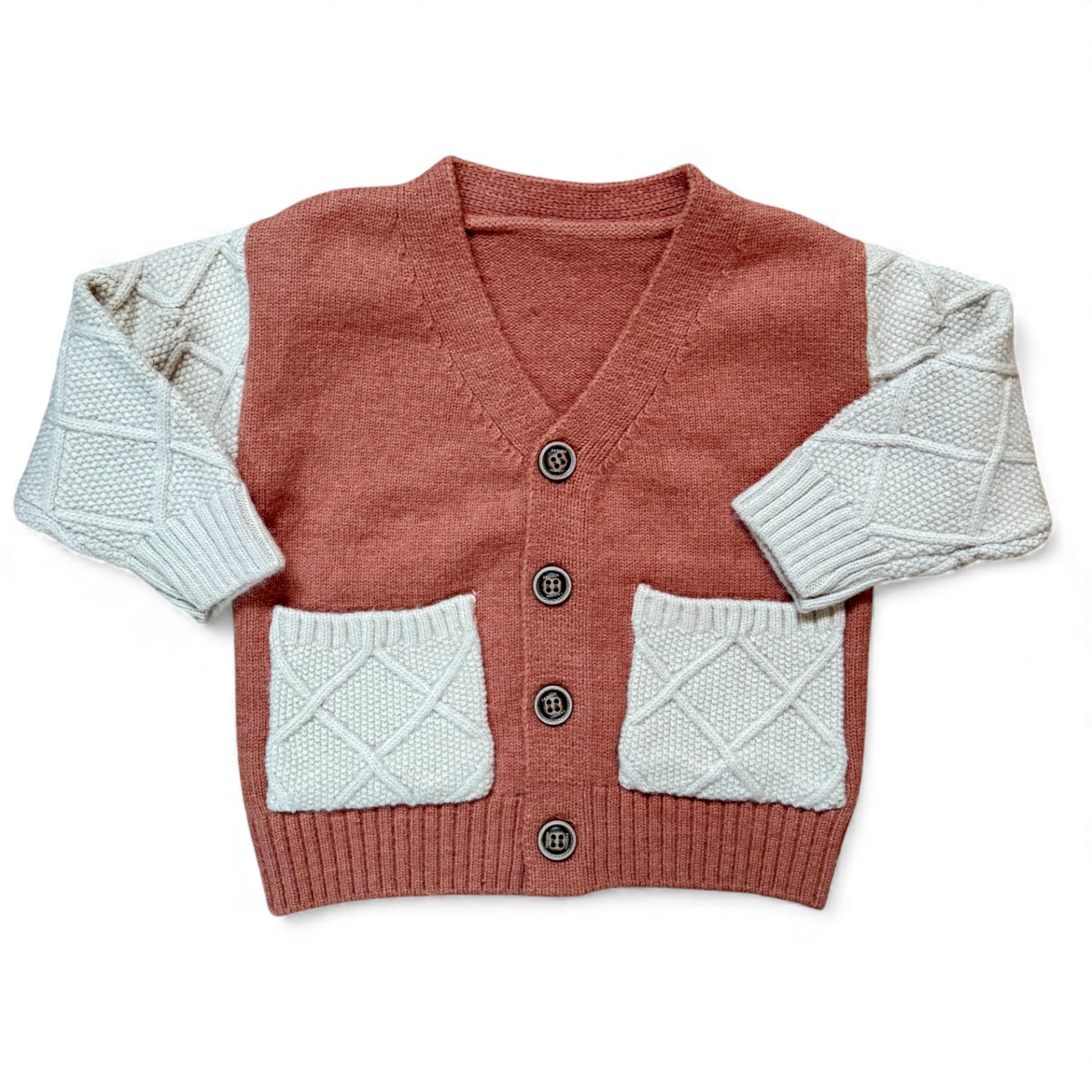 Stanley Cardigan by That’s Not Fair London, baby remnant knit cardigan with V-neck and patch pockets