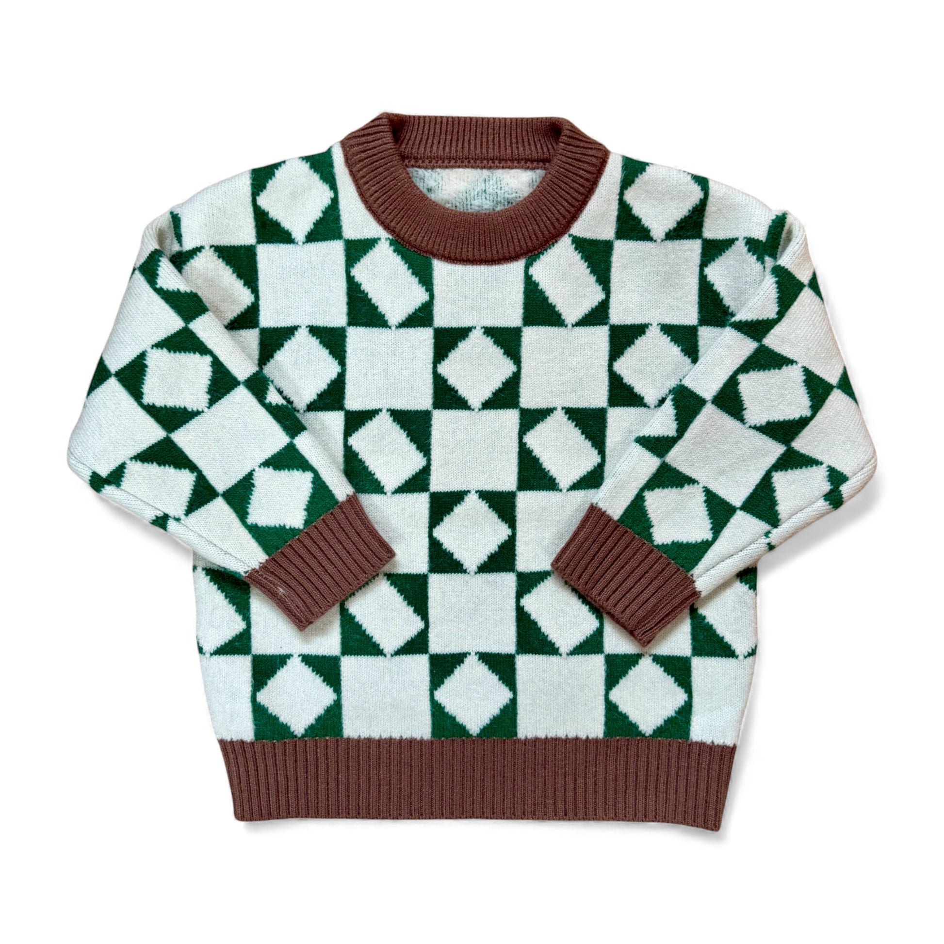 Earnest Jumper by That’s Not Fair London, green and ecru checkerboard knit with contrast ribbed trim