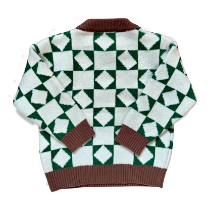 Back view of Earnest Jumper, remnant yarn checkerboard knit with drop shoulders by That’s Not Fair London