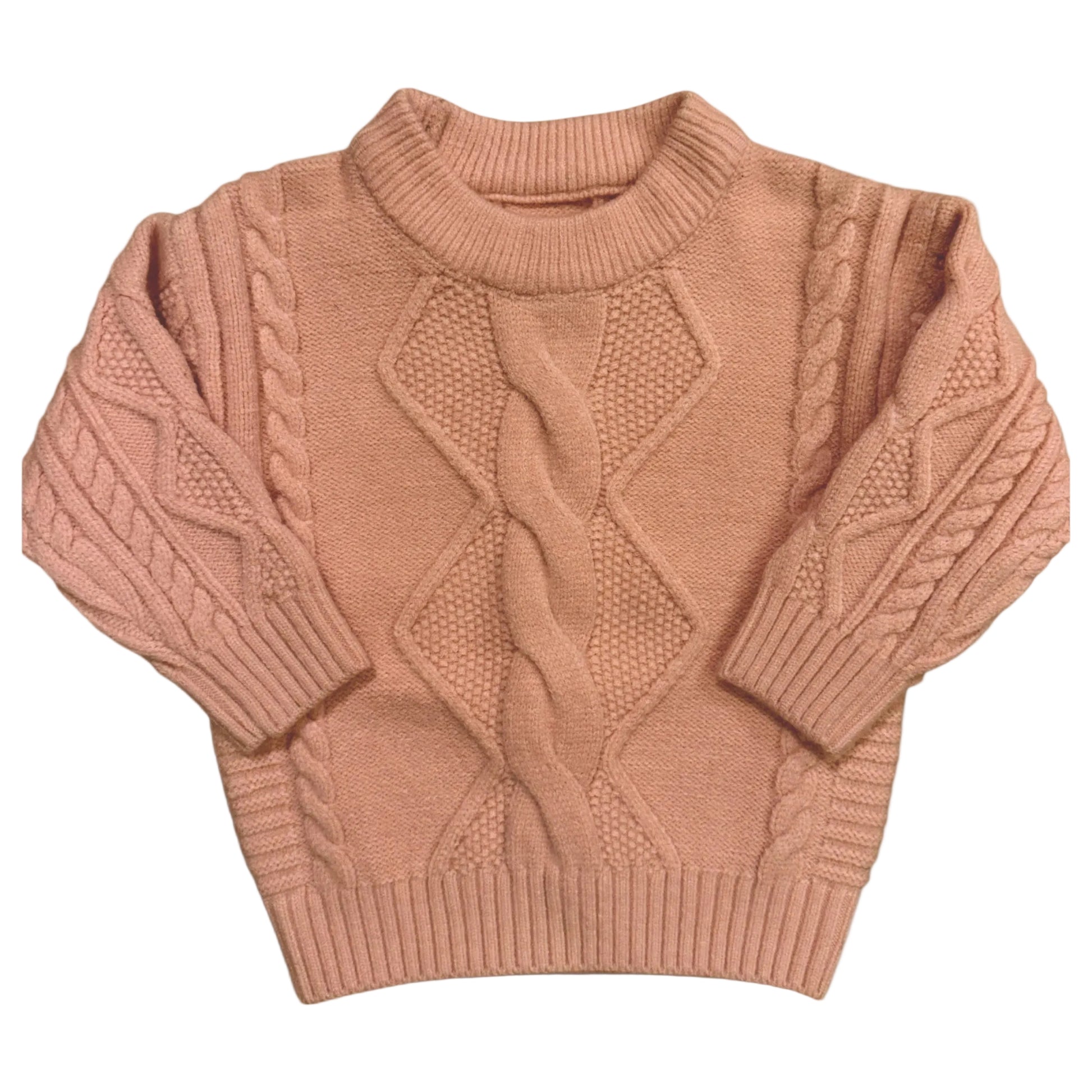 Beatrix Jumper by That’s Not Fair London, close-fitting children’s cable knit jumper from the Remnant Range with dropped shoulders and ribbed neckline