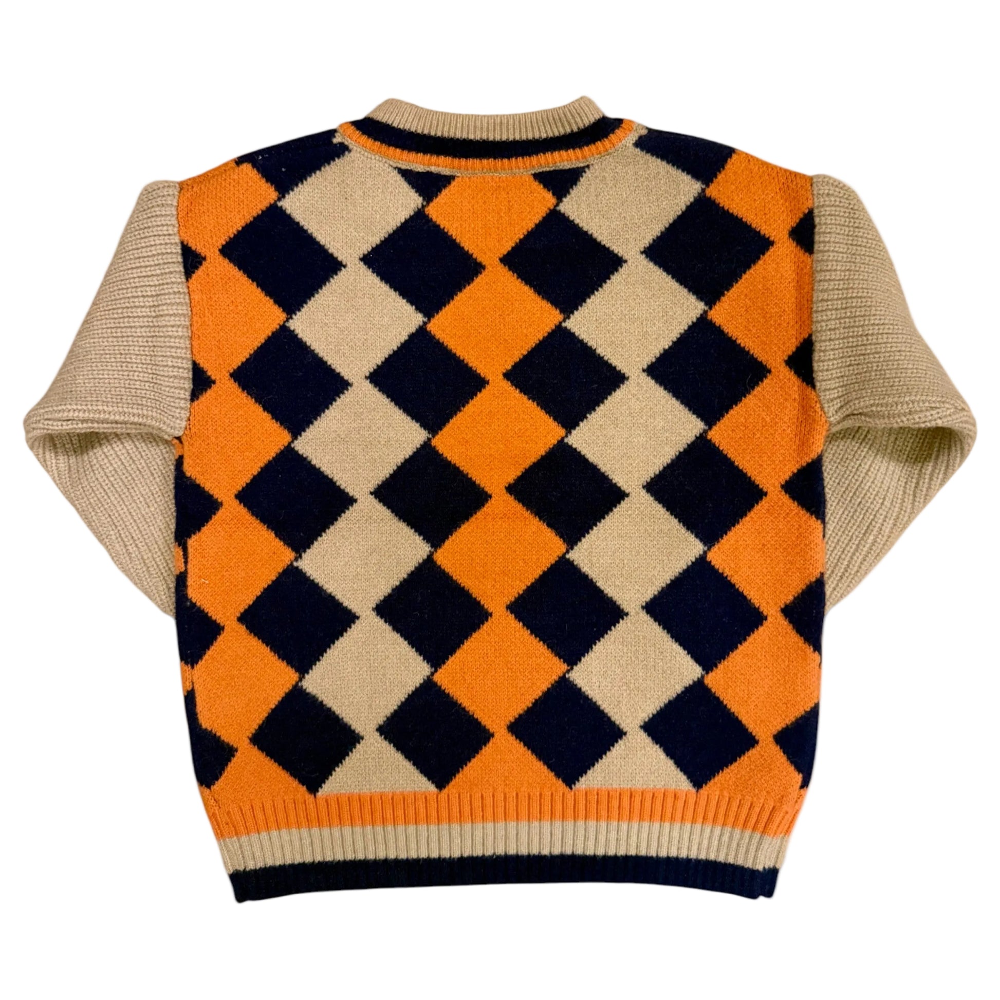 Back view of patterned children’s knit jumper made from remnant yarns