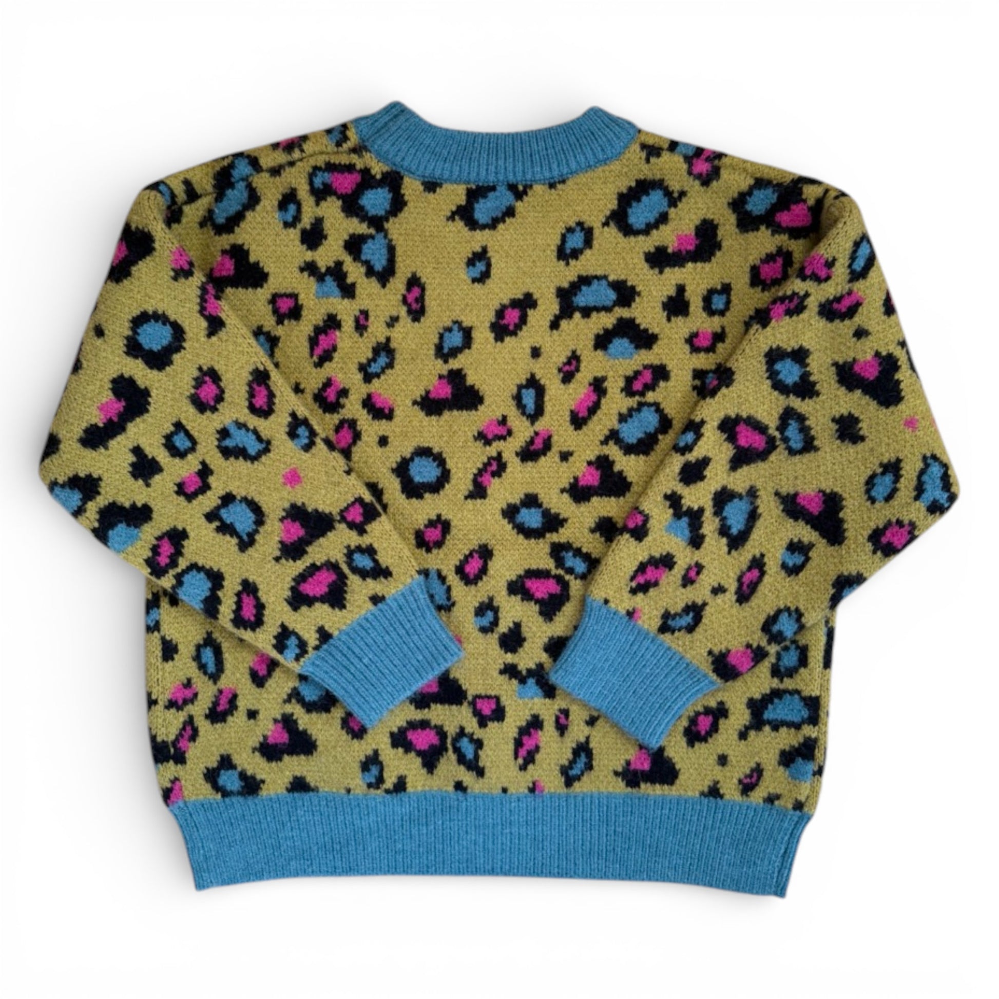 Back view of patterned children’s knit jumper with ribbed cuffs and hem