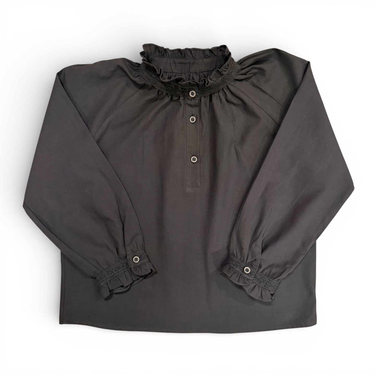 Etta Blouse in charcoal grey with high frill neckline and raglan balloon sleeves by That’s Not Fair London