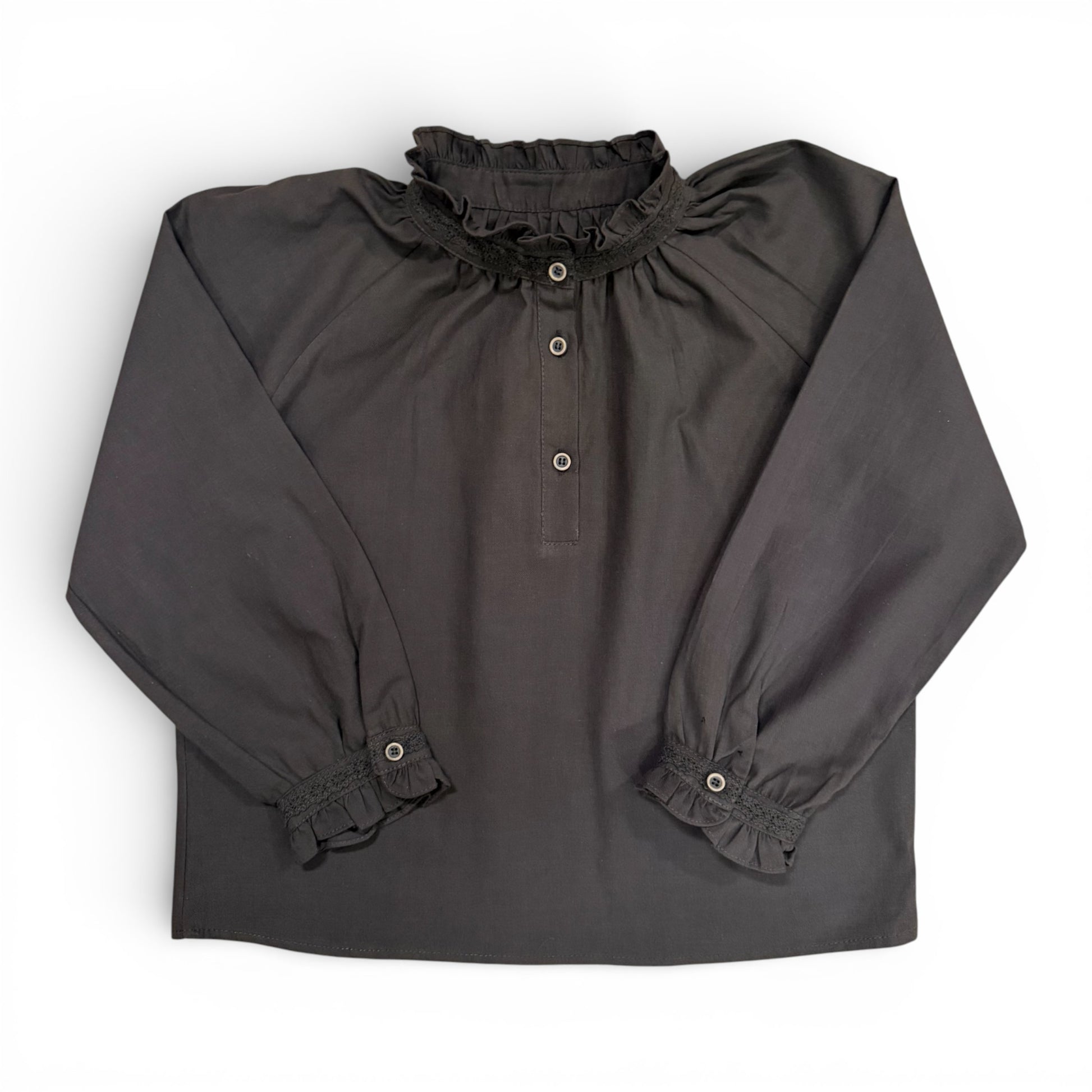 Etta Blouse in charcoal grey with high frill neckline and raglan balloon sleeves by That’s Not Fair London