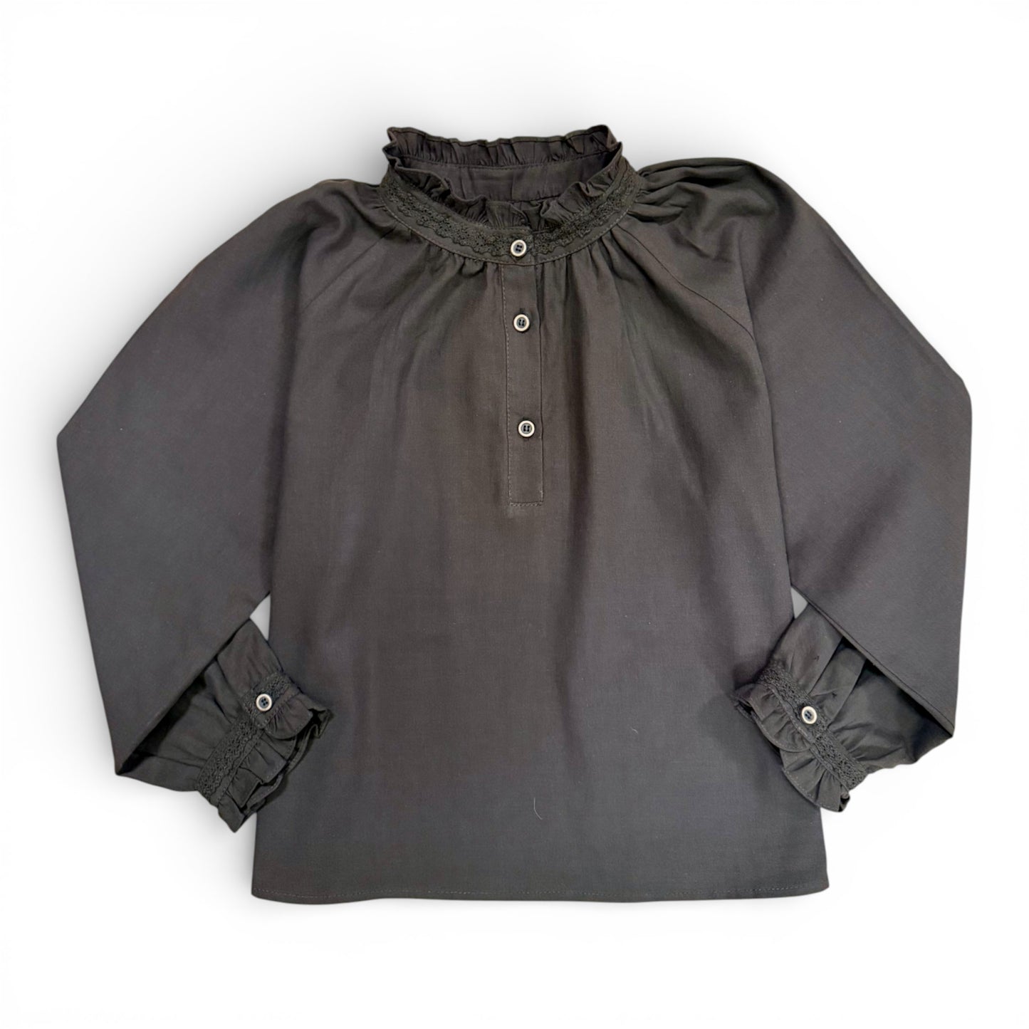 Etta Blouse in charcoal grey with high frill neckline and raglan balloon sleeves by That’s Not Fair London