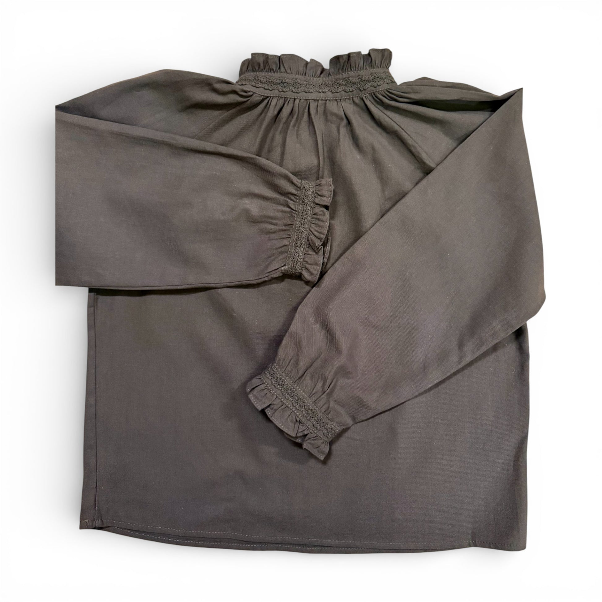 Detail of Etta Blouse neckline showing gathered fabric and frill trim, heritage children’s blouse