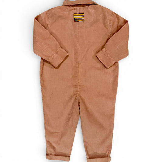 Childrens slim fit needle cord boiler suit with cropped leg, patch chest pockets and fabric covered buttons