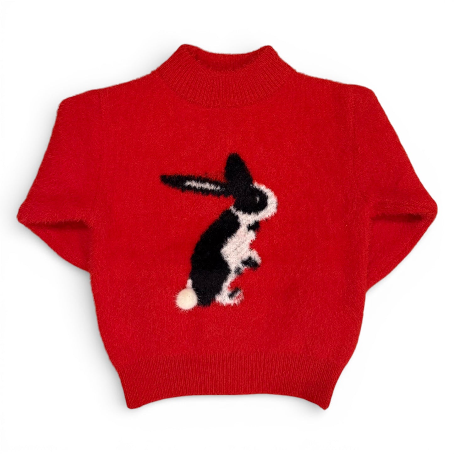Red mohair children’s jumper with knitted rabbit intarsia motif and turtle neck