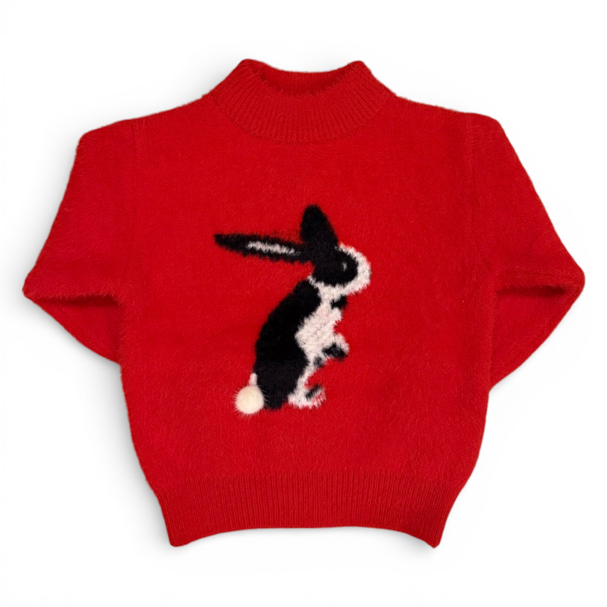 Red mohair children’s jumper with knitted rabbit intarsia motif and turtle neck