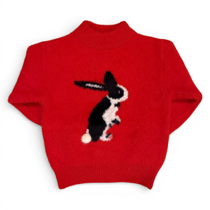 Red mohair children’s jumper with knitted rabbit intarsia motif and turtle neck