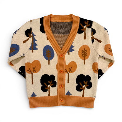 Children’s patterned knitted cardigan with drop shoulders, contrast trim and button front