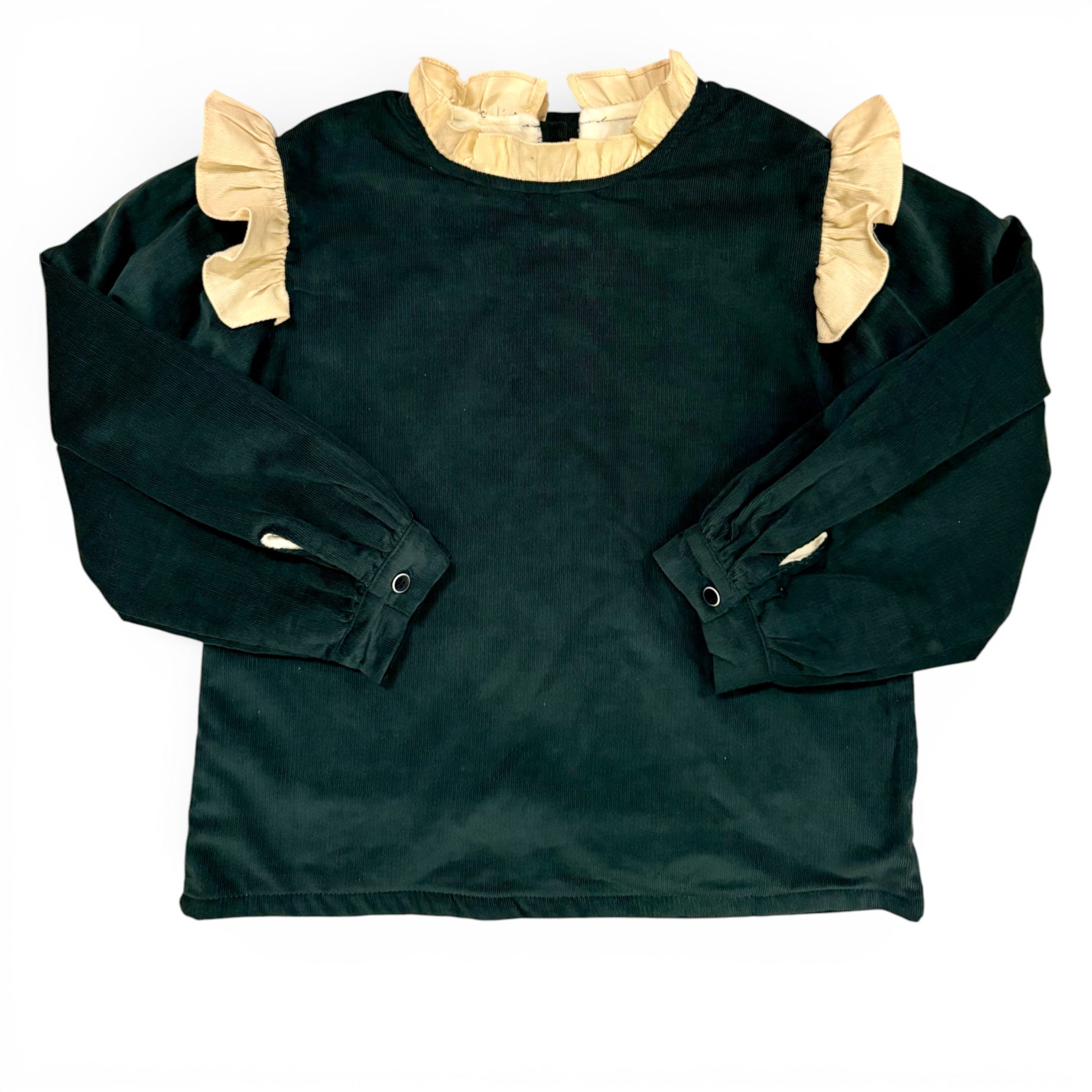 Forest green microcorduroy girls blouse with frilled neckline and drop shoulders