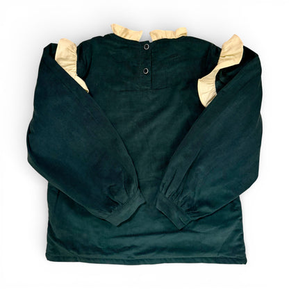 Back view of girls microcorduroy blouse with button fastening and frilled collar