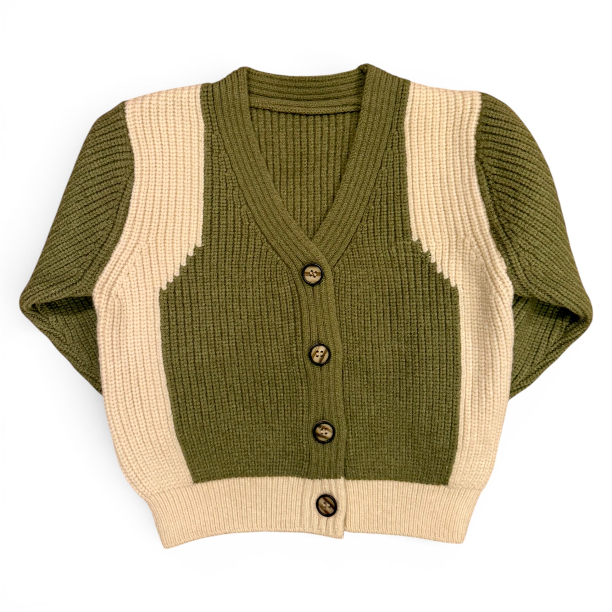 Olive green children’s jumper with contrast knit side panels