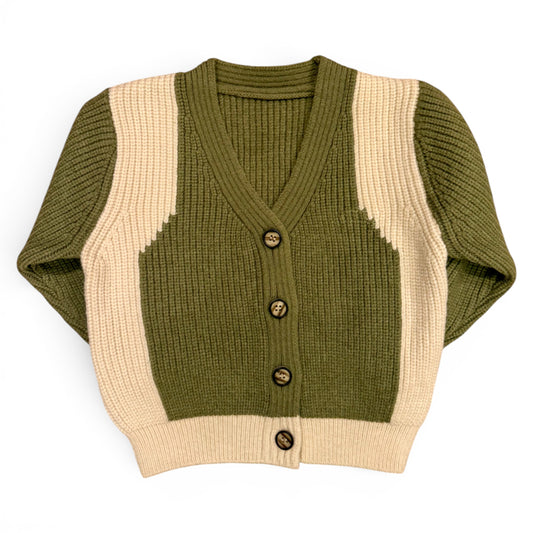 Olive green children’s jumper with contrast knit side panels