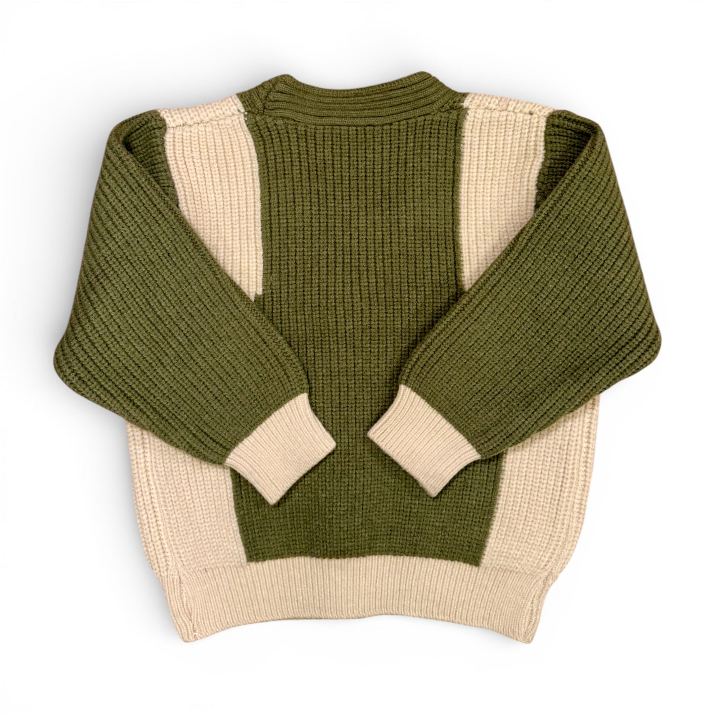 Back view of olive green panelled knit children’s jumper