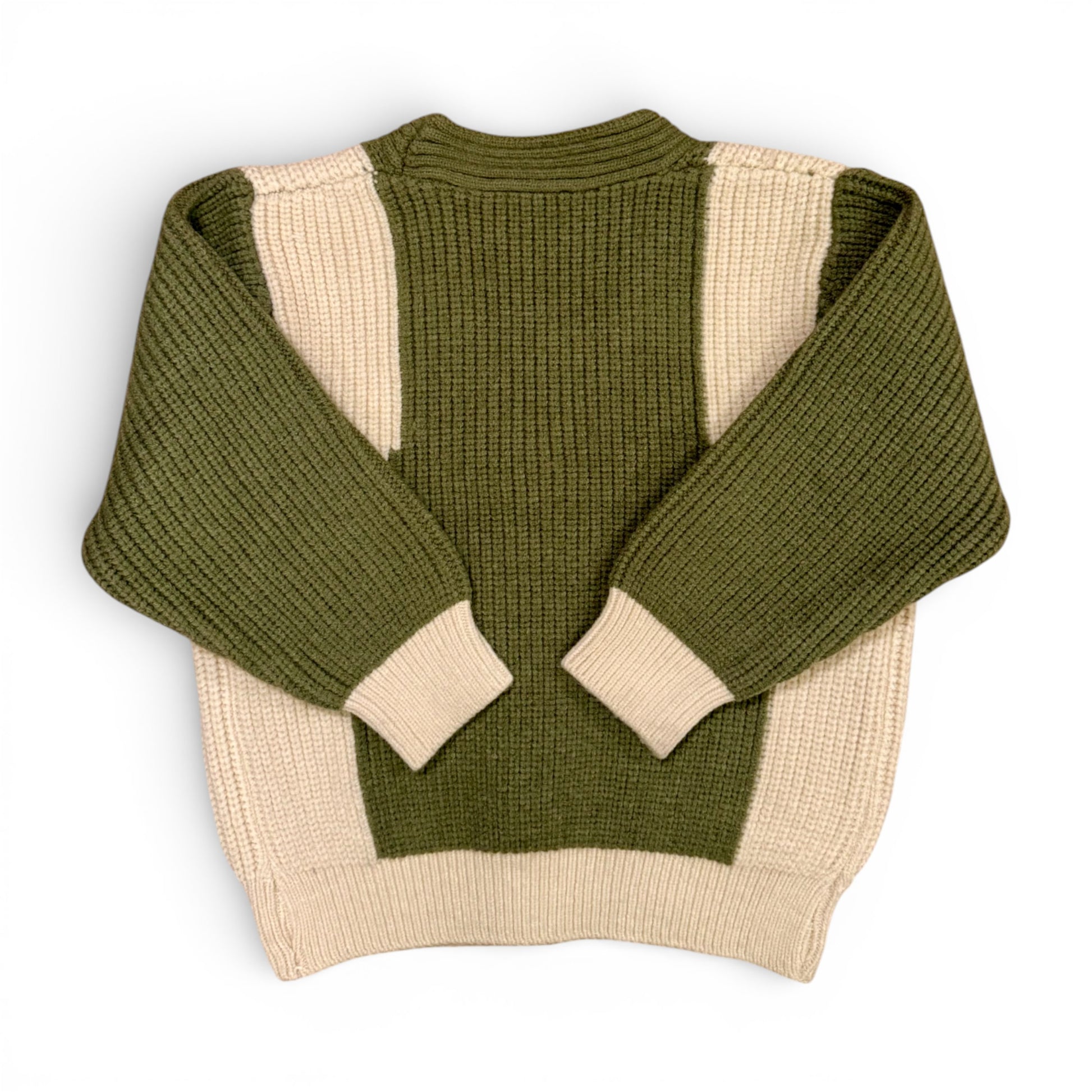 Back view of olive green panelled knit children’s jumper