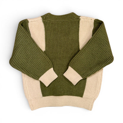Back view of olive green panelled knit children’s jumper