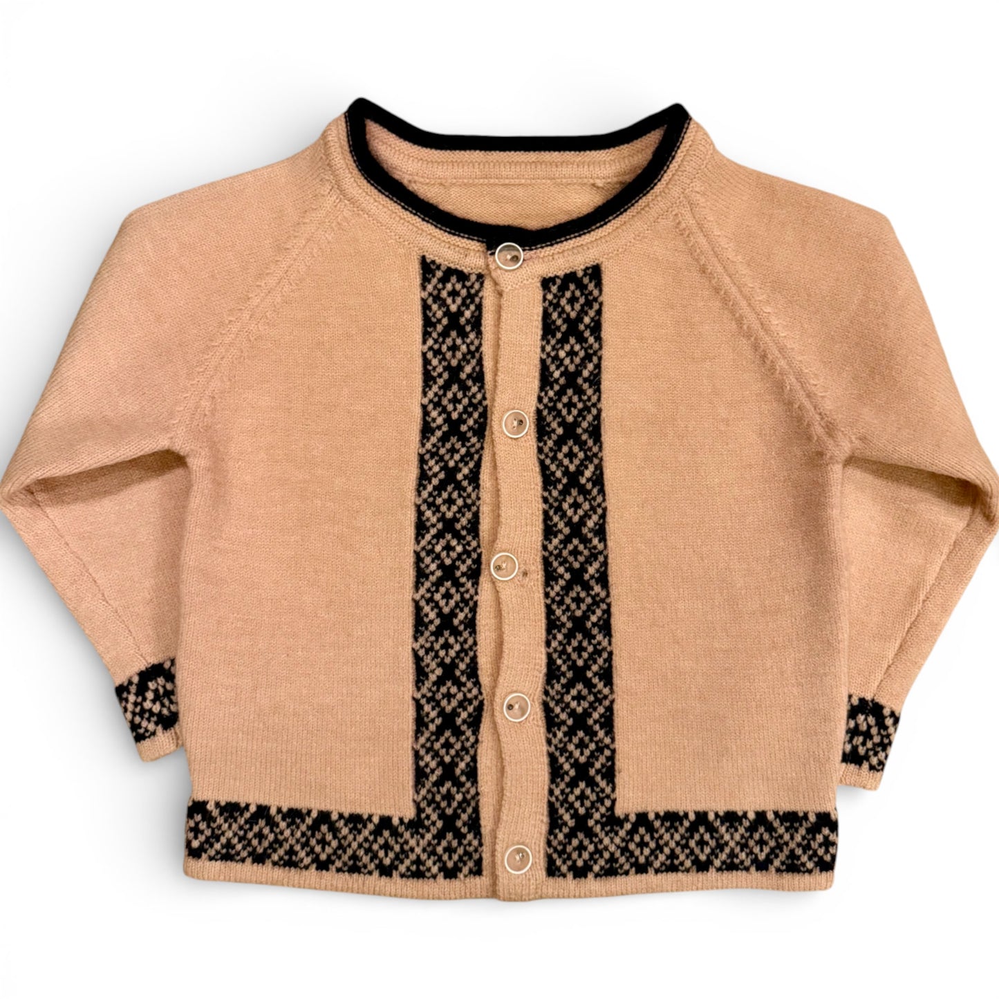 Children’s knitted cardigan with raglan sleeves, contrast patterned trim and button front