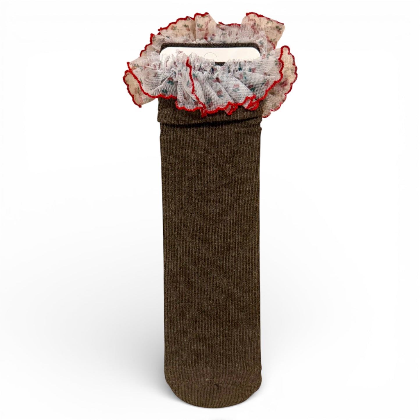 Fine ribbed children’s sock with tulle frilled trim, un-heeled design