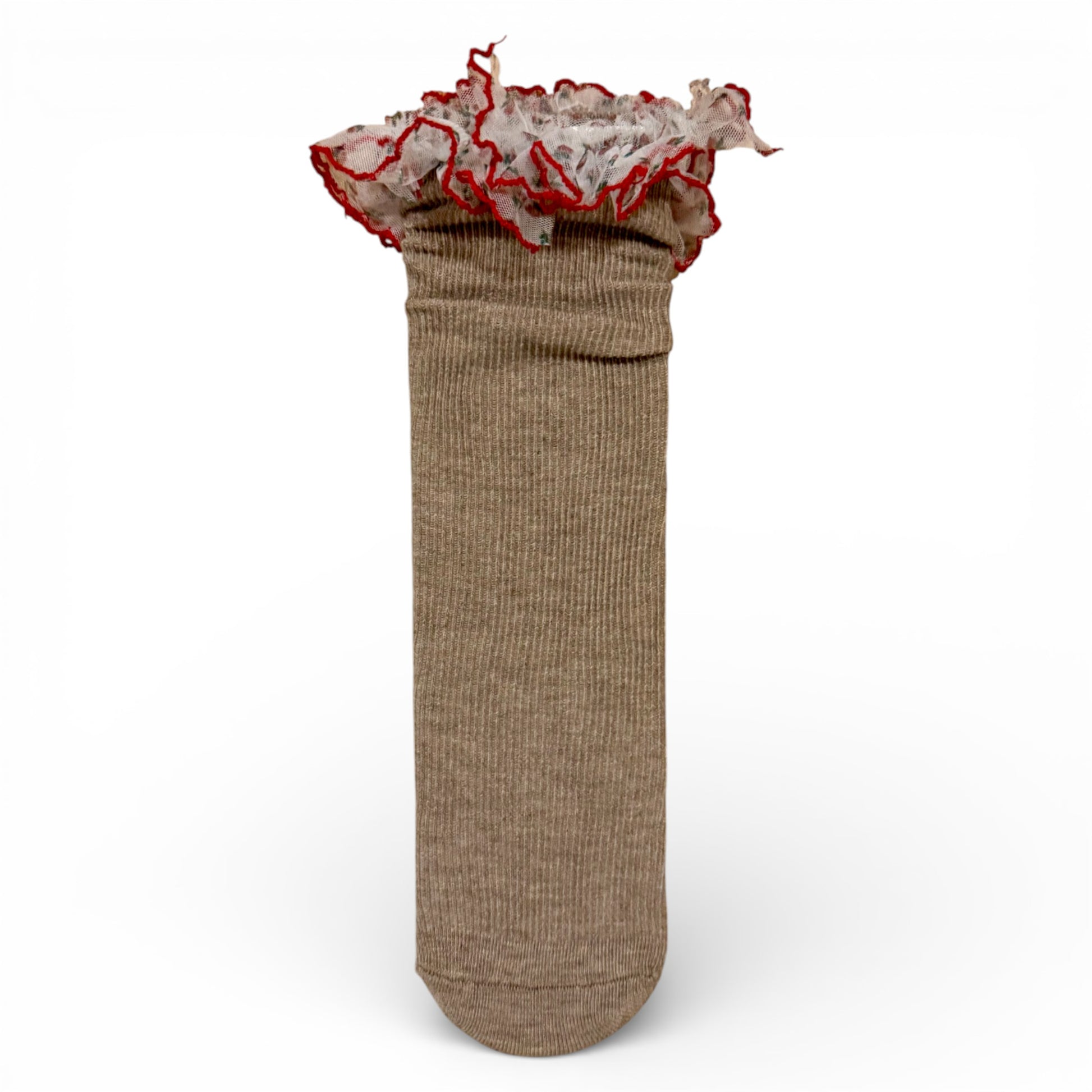 Fine ribbed children’s sock with tulle frilled trim, un-heeled design
