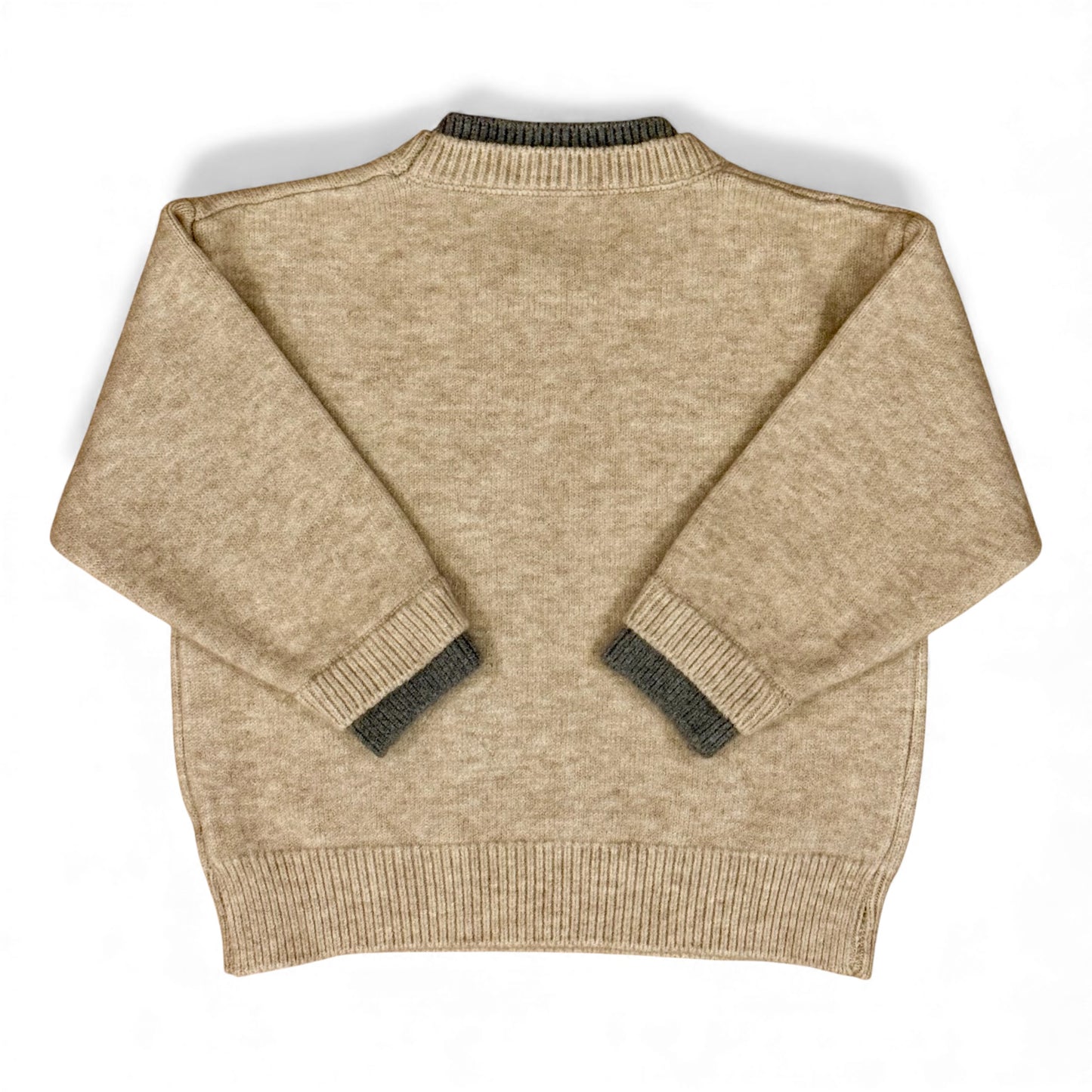 Children’s knit jumper with drop shoulders and contrast rib cuffs — back view.
