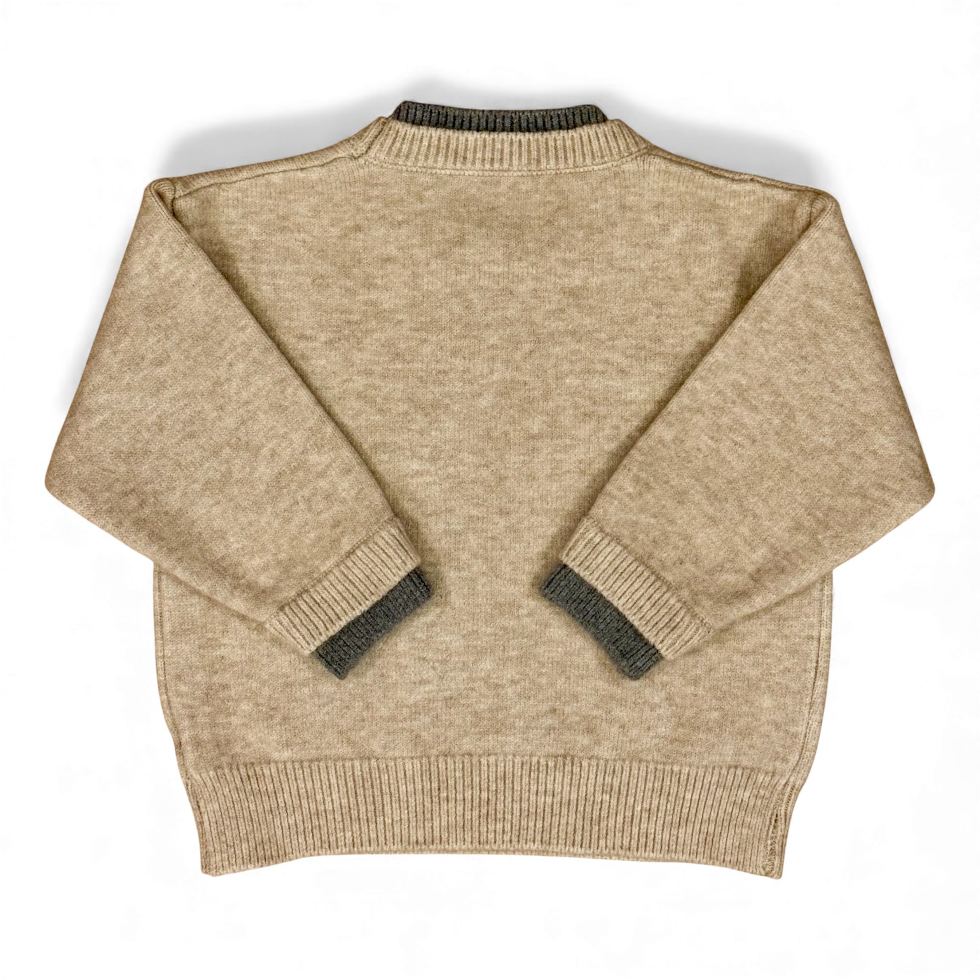 Children’s knit jumper with drop shoulders and contrast rib cuffs — back view.