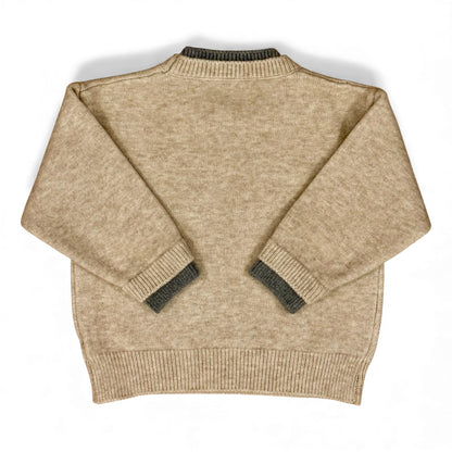 Children’s knit jumper with drop shoulders and contrast rib cuffs — back view.