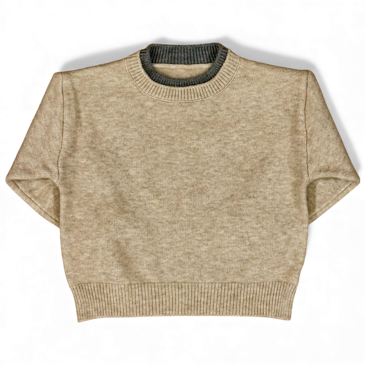 Children’s cropped boxy knit jumper with drop shoulders and contrast rib neckline — front view.