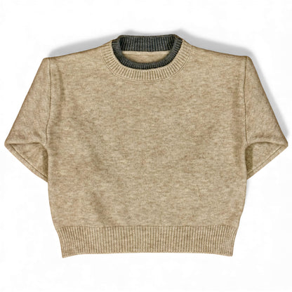 Children’s cropped boxy knit jumper with drop shoulders and contrast rib neckline — front view.