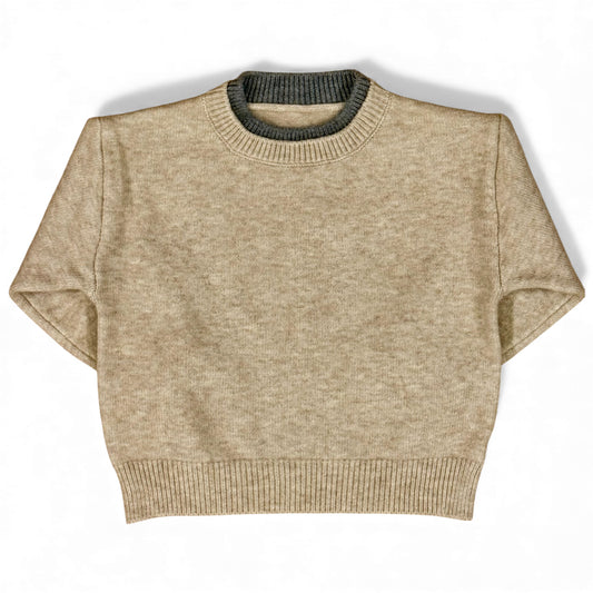 Children’s cropped boxy knit jumper with drop shoulders and contrast rib neckline — front view.