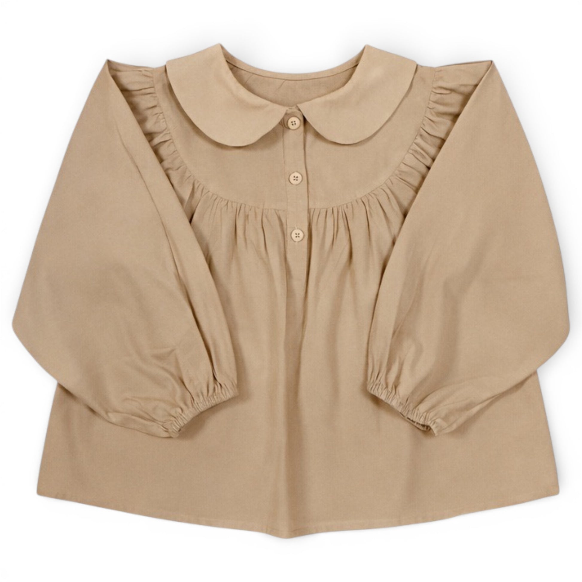 Children’s beige A-line blouse with balloon sleeves, Peter Pan collar and front button detail by That’s Not Fair London