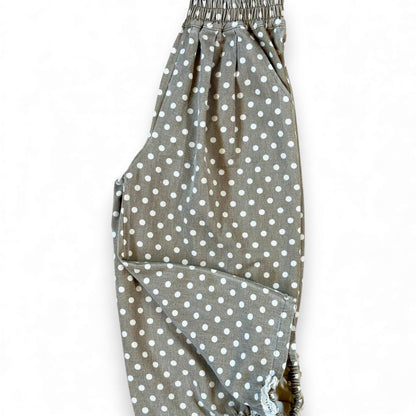 Kehinde Pantaloons in Charcoal Polka Dot – wide-leg cotton denim with lace cuff and elastic waist.