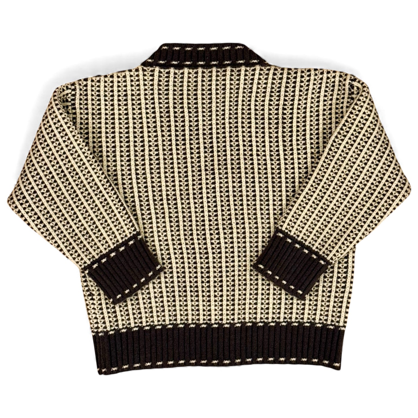 “Kenzo Cardi in brown– back view showing jacquard knit and ribbed hem.”
