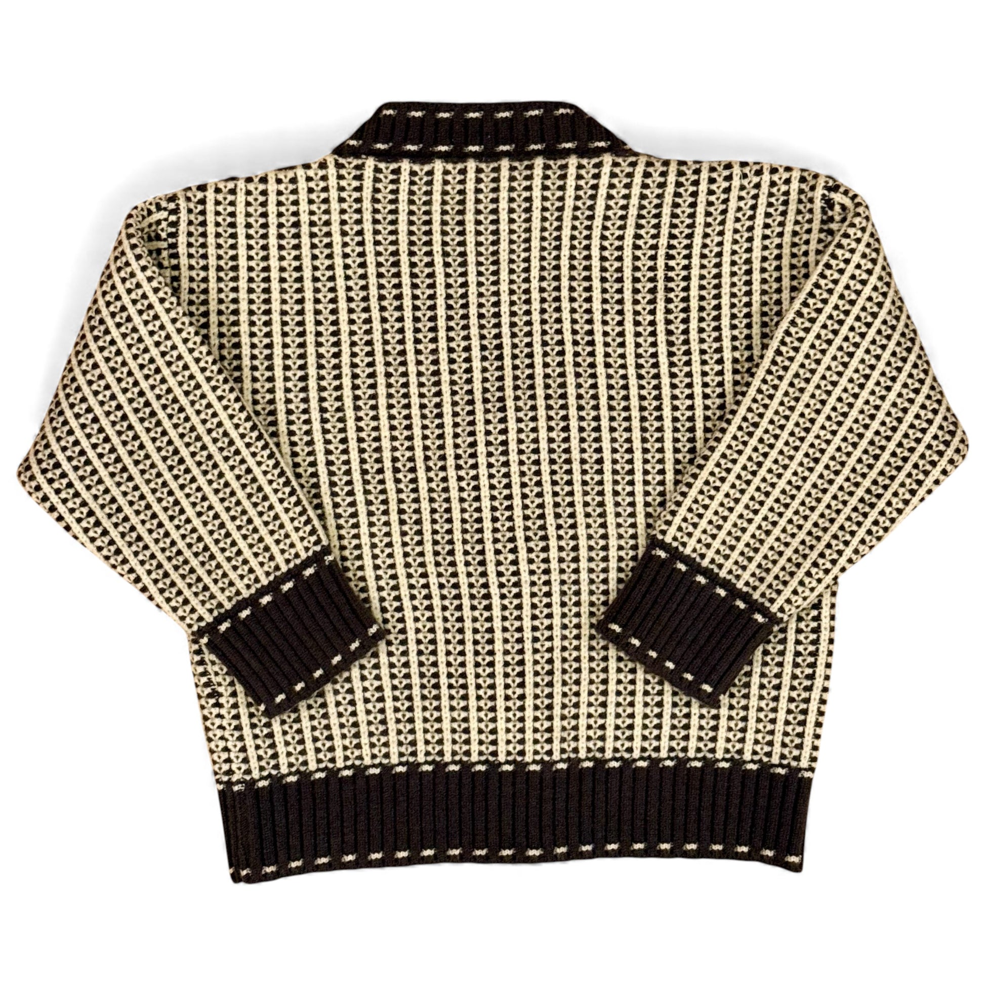 “Kenzo Cardi in brown– back view showing jacquard knit and ribbed hem.”