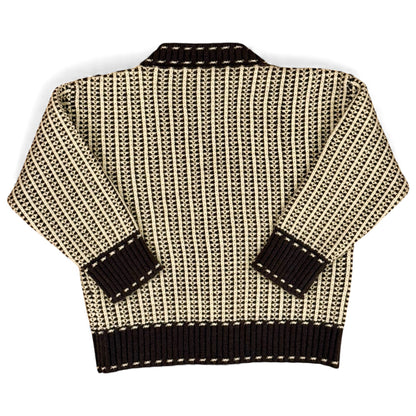 “Kenzo Cardi in brown– back view showing jacquard knit and ribbed hem.”