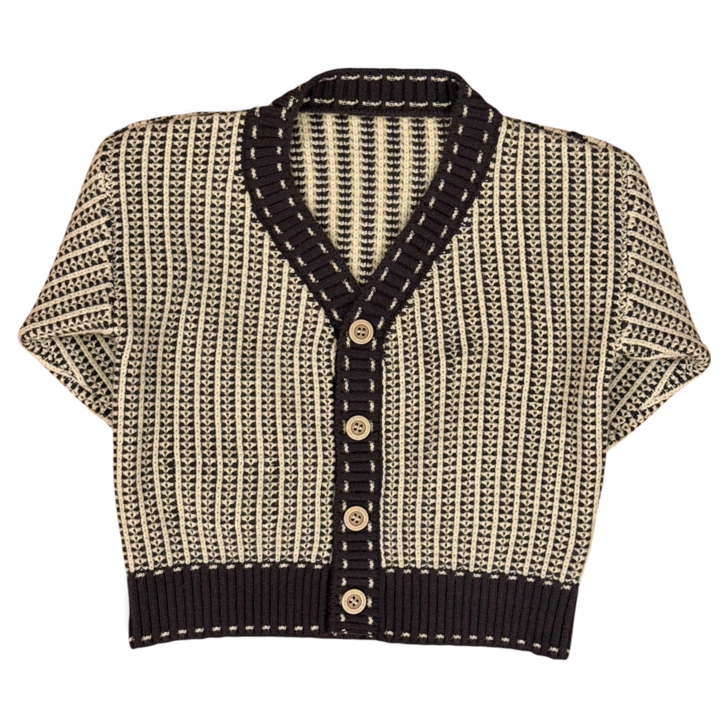 “Kenzo Cardi in brown – front view with V-neck and natural buttons.”