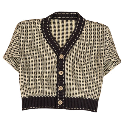 “Kenzo Cardi in brown – front view with V-neck and natural buttons.”