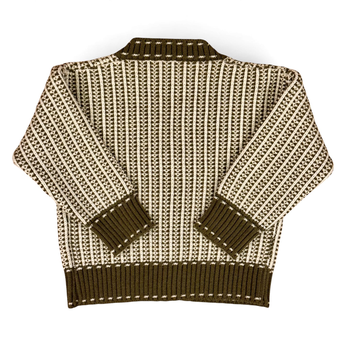 “Kenzo Cardi in sage green – back view showing jacquard knit and ribbed hem.”