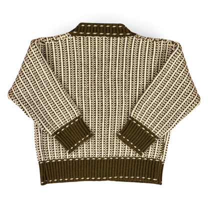 “Kenzo Cardi in sage green – back view showing jacquard knit and ribbed hem.”