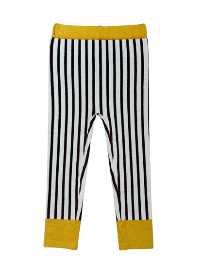 “Black and white striped children's leggings with mustard yellow cuffs and waistband
