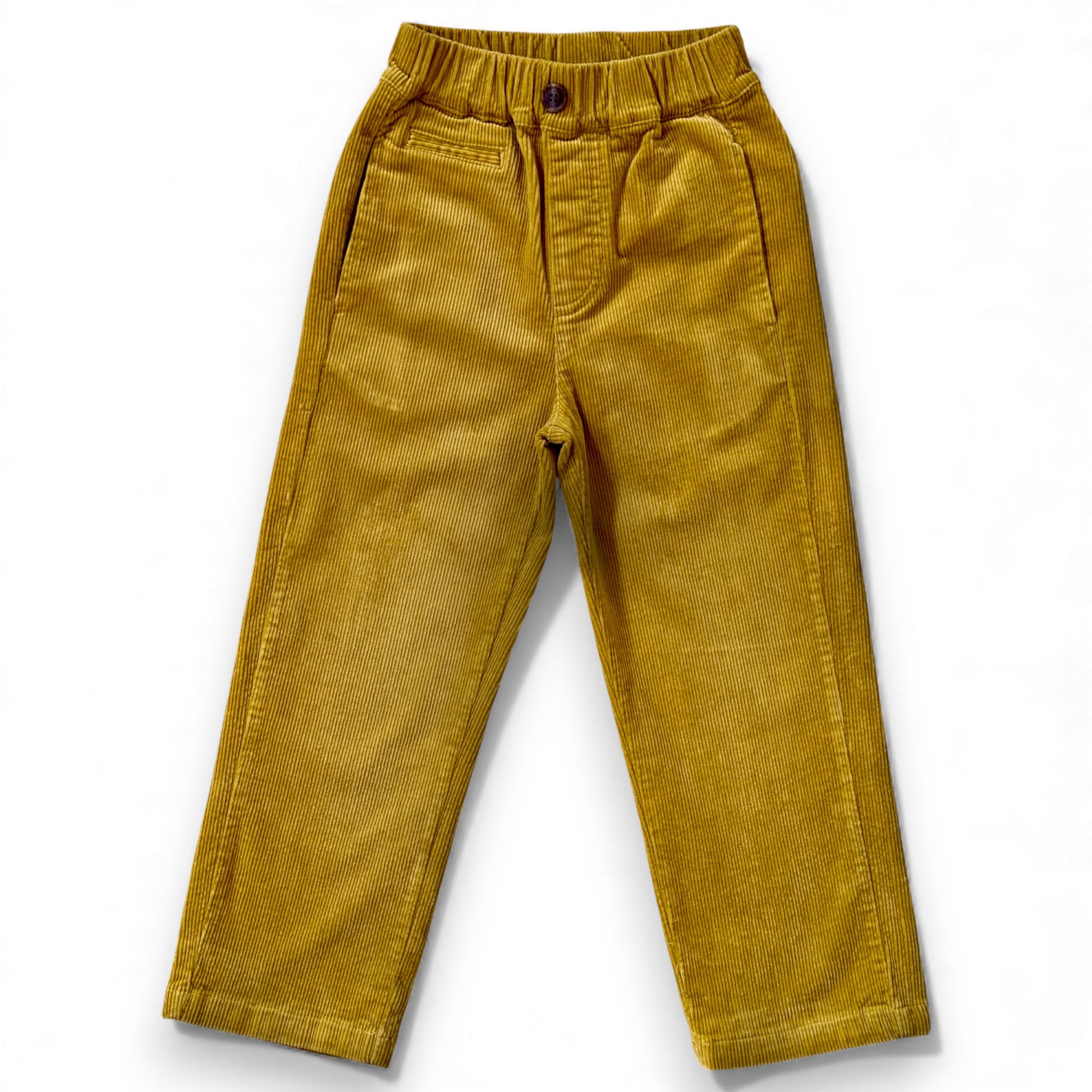 Front view of marigold corduroy children’s trousers with straight leg, slant pockets and faux button-front waistband by That’s Not Fair London