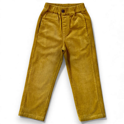 Front view of marigold corduroy children’s trousers with straight leg, slant pockets and faux button-front waistband by That’s Not Fair London