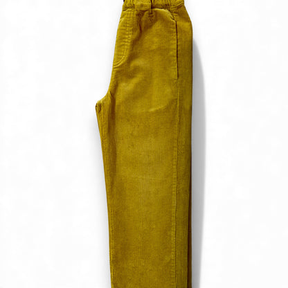 Side view of marigold corduroy children’s trousers showing straight leg and slant pocket detail by That’s Not Fair London