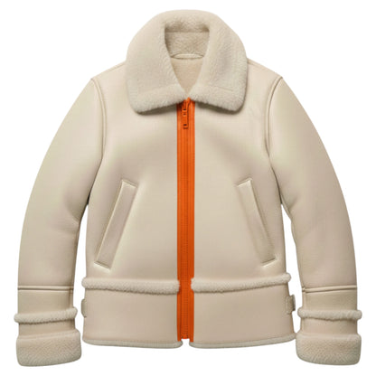 Children’s Cream shearling-lined lambskin jacket with orange zip, front view, by That’s Not Fair London