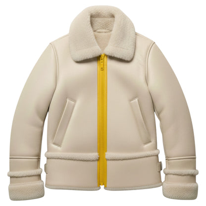 Children’s Cream shearling-lined lambskin jacket with yellow zip, front view, by That’s Not Fair London