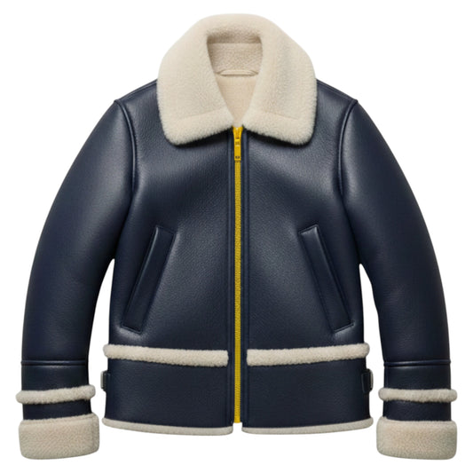Children’s Navy shearling-lined lambskin jacket with yellow zip, front view, by That’s Not Fair London