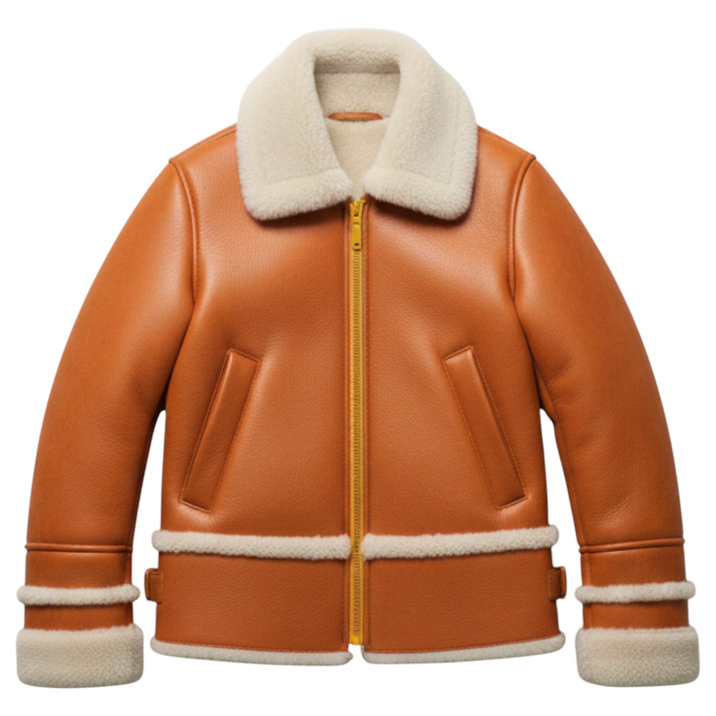 Children’s Orange shearling-lined lambskin jacket with yellow zip, front view, by That’s Not Fair London