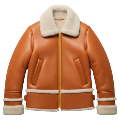 Children’s Orange shearling-lined lambskin jacket with yellow zip, front view, by That’s Not Fair London