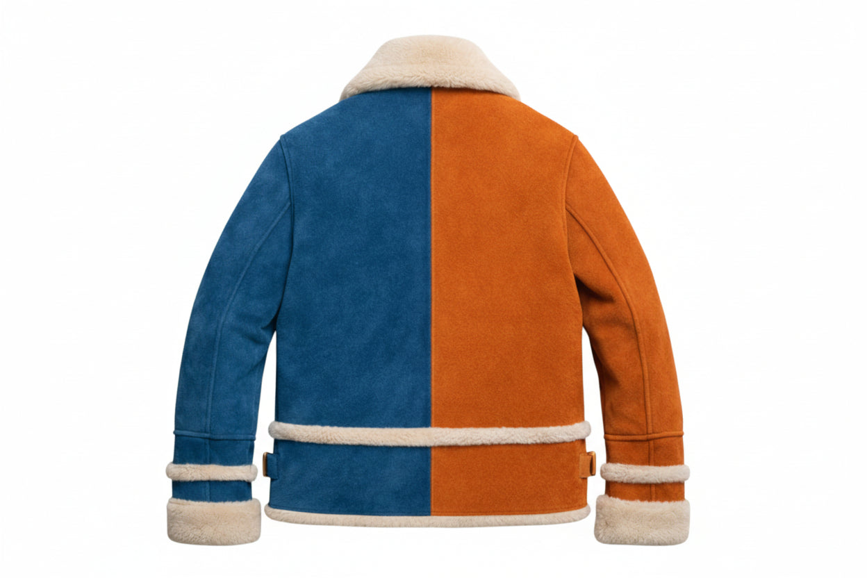 Children’s contrast colour shearling-lined suede jacket with green zip, front view, by That’s Not Fair London